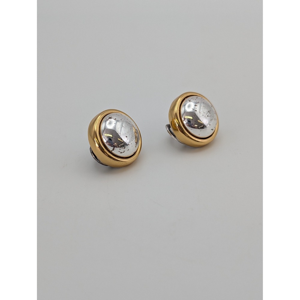 Vintage Two Tone Gold and Silver Domed Round Clip On Earrings Unsigned